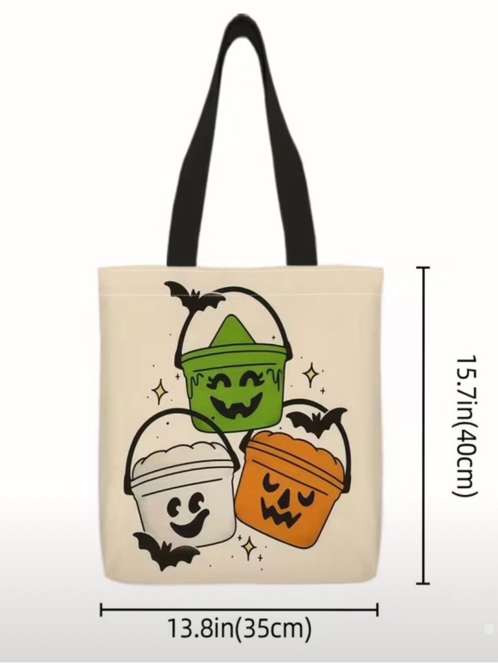Halloween Tote Bag with Green Witch Orange Pumpkin & White Ghost Treat Buckets - Picture 4 of 5